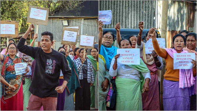 मणिपुर में जातीय हिंसा के कारण बेघर हुए लोगों का राजभवन के पास विरोध-प्रदर्शन