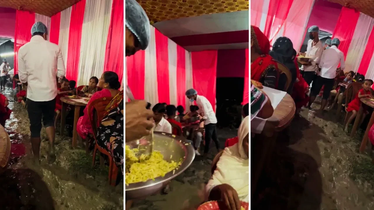 कीचड़ में फिसलते-फिसलते भी लोग पहुंचे दावत पर, मज़ेदार वीडियो वायरल