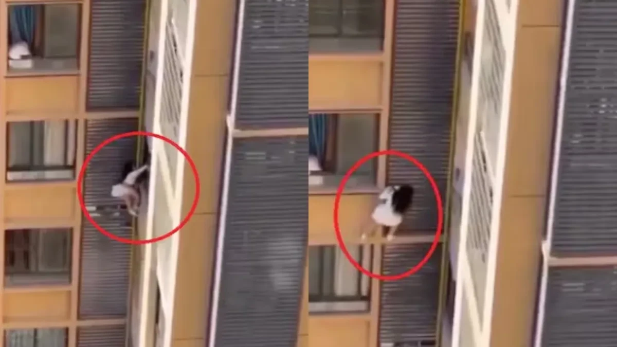 प्रेमी की पत्नी से बचने के लिए 10वीं मंजिल की बालकनी से लटकी महिला, वीडियो वायरल