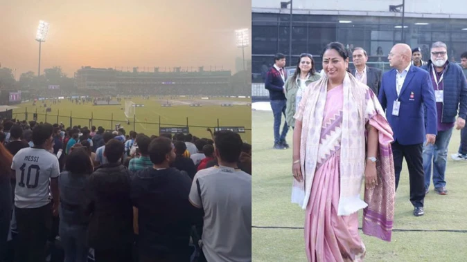 दिल्ली प्रदूषण विवाद: मेसी स्वागत कार्यक्रम में सीएम रेखा गुप्ता के सामने लगे AQI-AQI के नारे