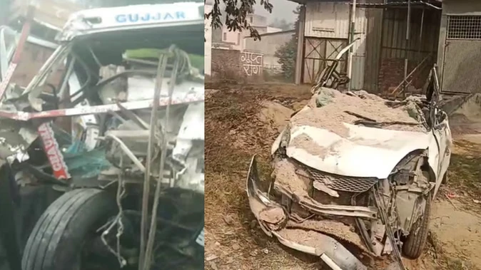 मुजफ्फरनगर में घने कोहरे से दुर्घटना, भूसी से भरा ट्रक कार पर पलटा; महिला घायल