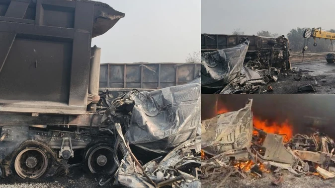 केएमपी एक्सप्रेसवे पर भीषण हादसा: डंपर-कंटेनर में लगी आग, दो की जलकर मौत