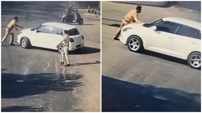 पुलिसकर्मी को नाबालिग ने मारी टक्कर, फिर बोनट पर लटकाकर दौड़ाई कार