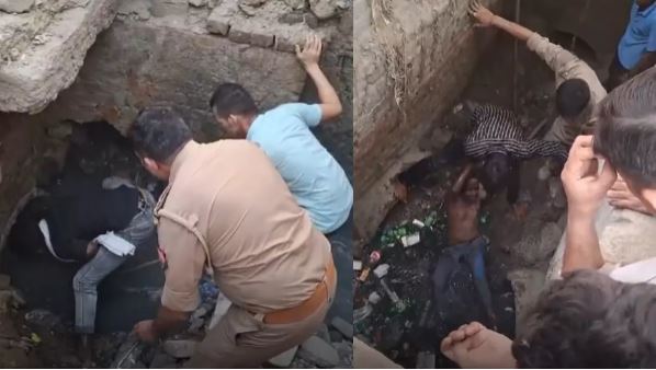 30 फीट लंबे नाले के पाइप में गिरा नशे में धुत्त व्यक्ति