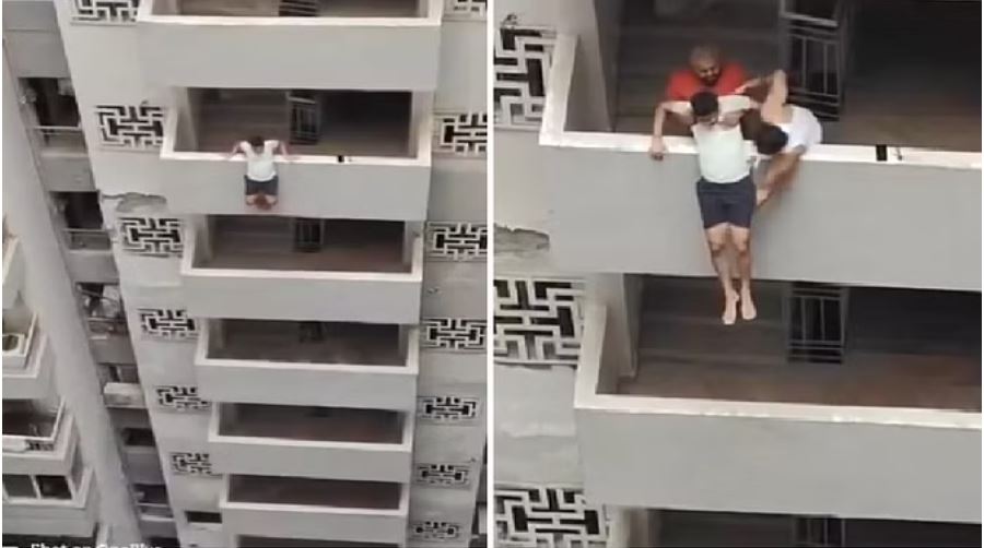 32 सेकेंड के लिए सबकी अटक गईं सांसें: बालकनी से लटका युवक, लोगों ने बचाया