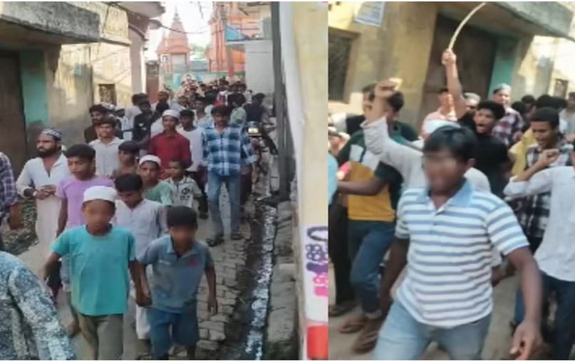 यति नरसिंहानंद के बयान का विरोध, मेरठ के मुंडाली में लाठी-डंडे लेकर प्रदर्शन