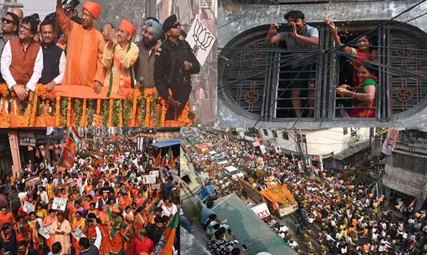 योगी के रोड शाे में उमड़े लोग, संतों महंतो ने किया मंत्रोचार, बजाए शंख