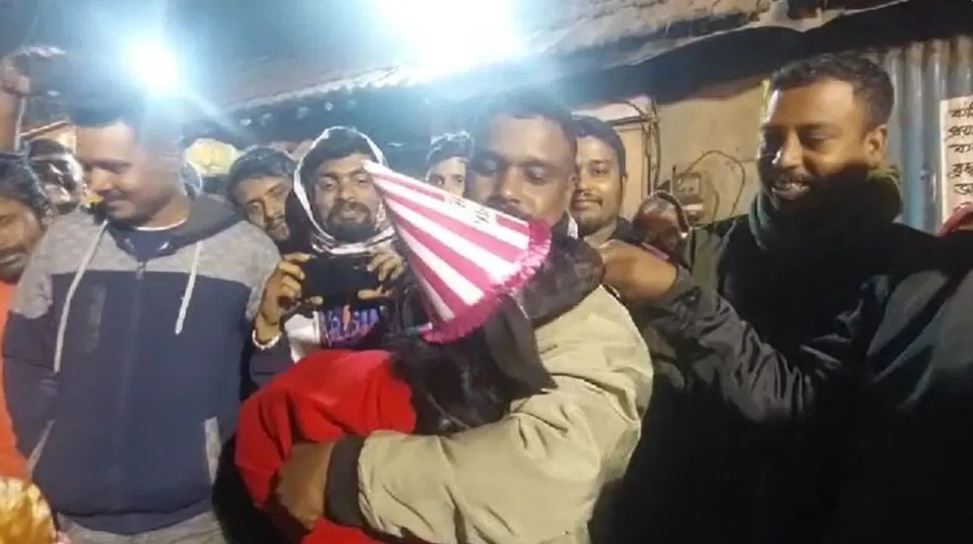 सिर पर टोपी, मुंह में गुब्बारा और लाल शर्ट… अपने जन्मदिन पर बकरी ने काटा केक