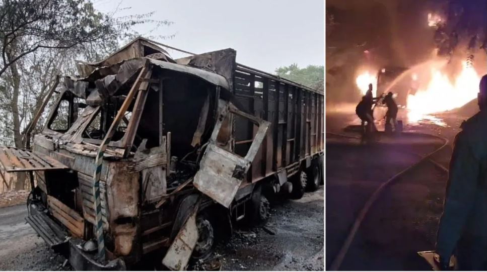 गाजीपुर: हल्का टच होने पर भड़क गए बाइक सवार, फूंक डाला ट्रक