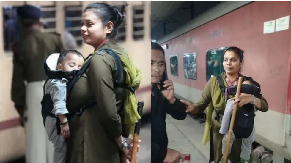 गोद में बच्चा, ममता और फर्ज, भगदड़ के बाद ड्यूटी पर तैनात महिला सिपाही का फोटो वायरल