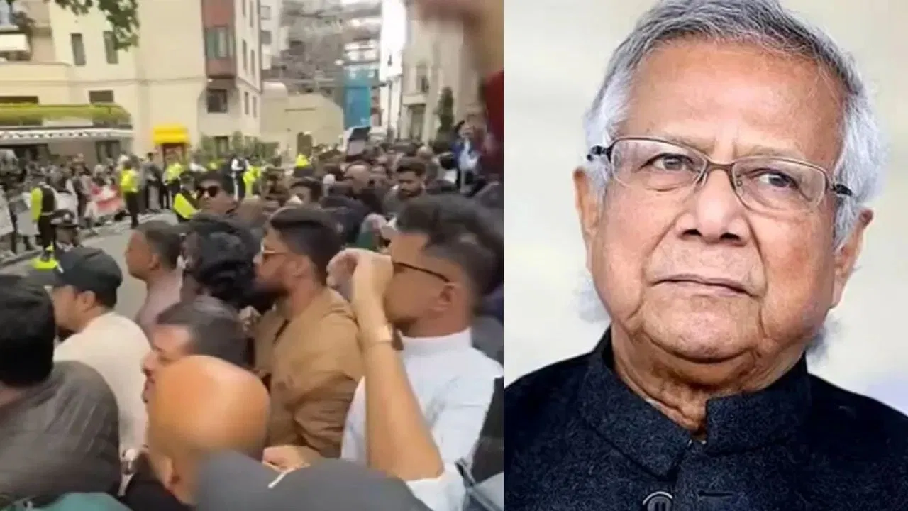 लंदन में यूनुस के खिलाफ फूटा गुस्सा, लगे 'Go Back' के नारे