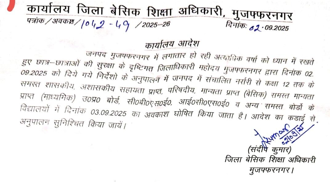 बारिश के चलते मुजफ्फरनगर में कल बंद रहेंगे सभी स्कूल